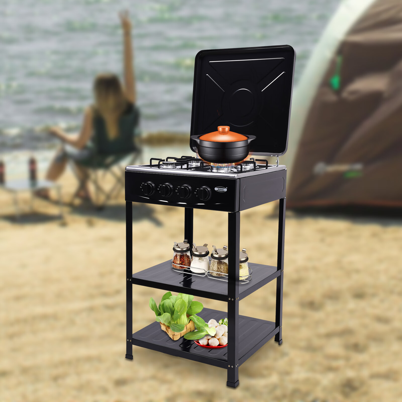 Aiqidi Portable Gas Stove 4 Burner with Support Leg Stand and Wind Blocking Cover Manual Ignition Camping Stove (Black)