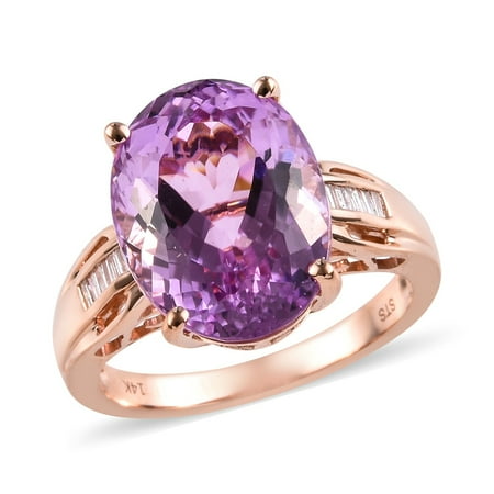 Diamond Kunzite Ring - AAA Premium Kunzite Diamond Cocktail Ring 14K Rose Gold Size 9 Ct 11.6