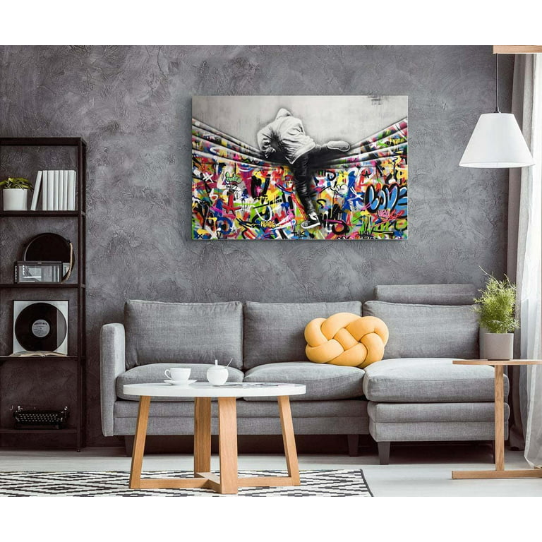 Banksy Canvas Wall Art Behind the Curtain Street Graffiti Large Canvas  Prints for Living Room Bedroom Home Decorations Modern Stretched Framed  Artwork 16x12 inch / 40x30 cm 