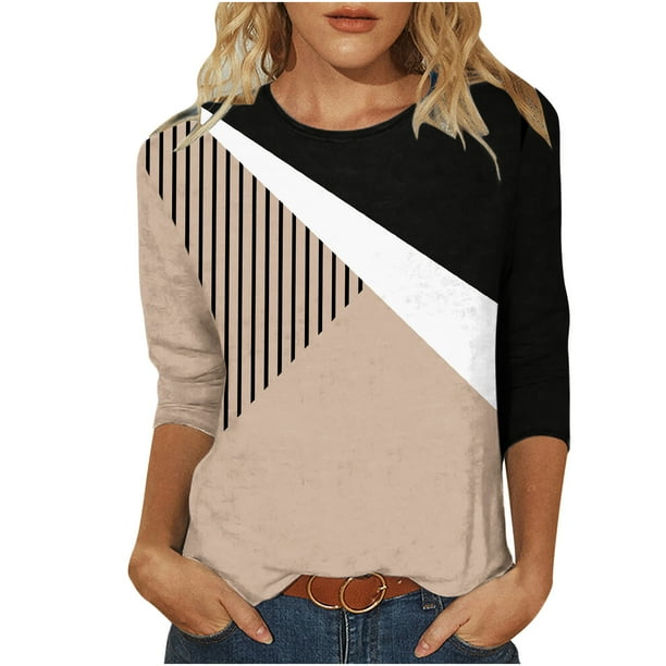 Elegante blusa de manga corta con cuello redondo retro para mujer con estampado de manga tres cuartos OAVQHLG3B Store lin121212