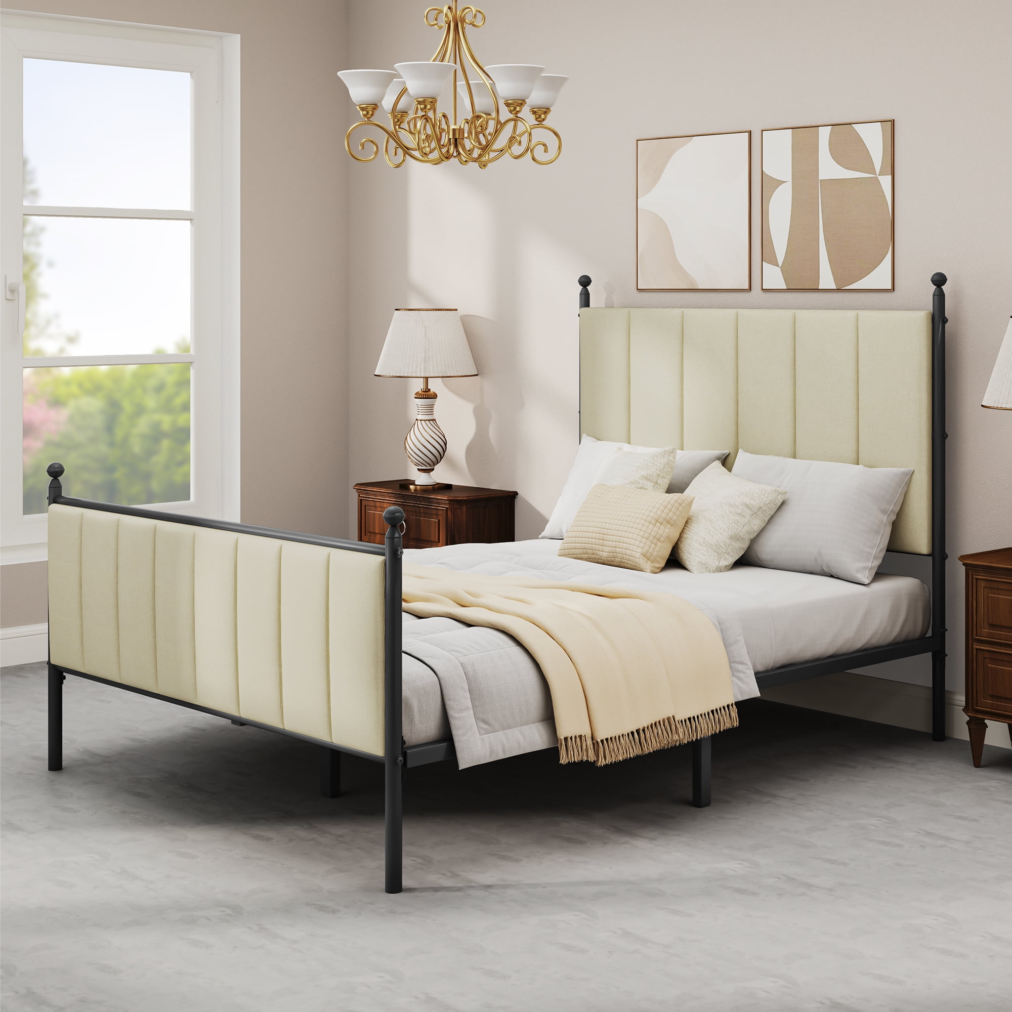 Dextrus-Queen Size Upholstered Metal Canopy Bed Frame, Strong Metal Slat Mattress Support, Beige