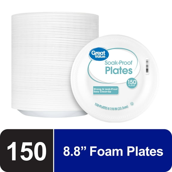 Great Value Soak Proof Foam Foam Plates, White, 8.8 in, 150 Count