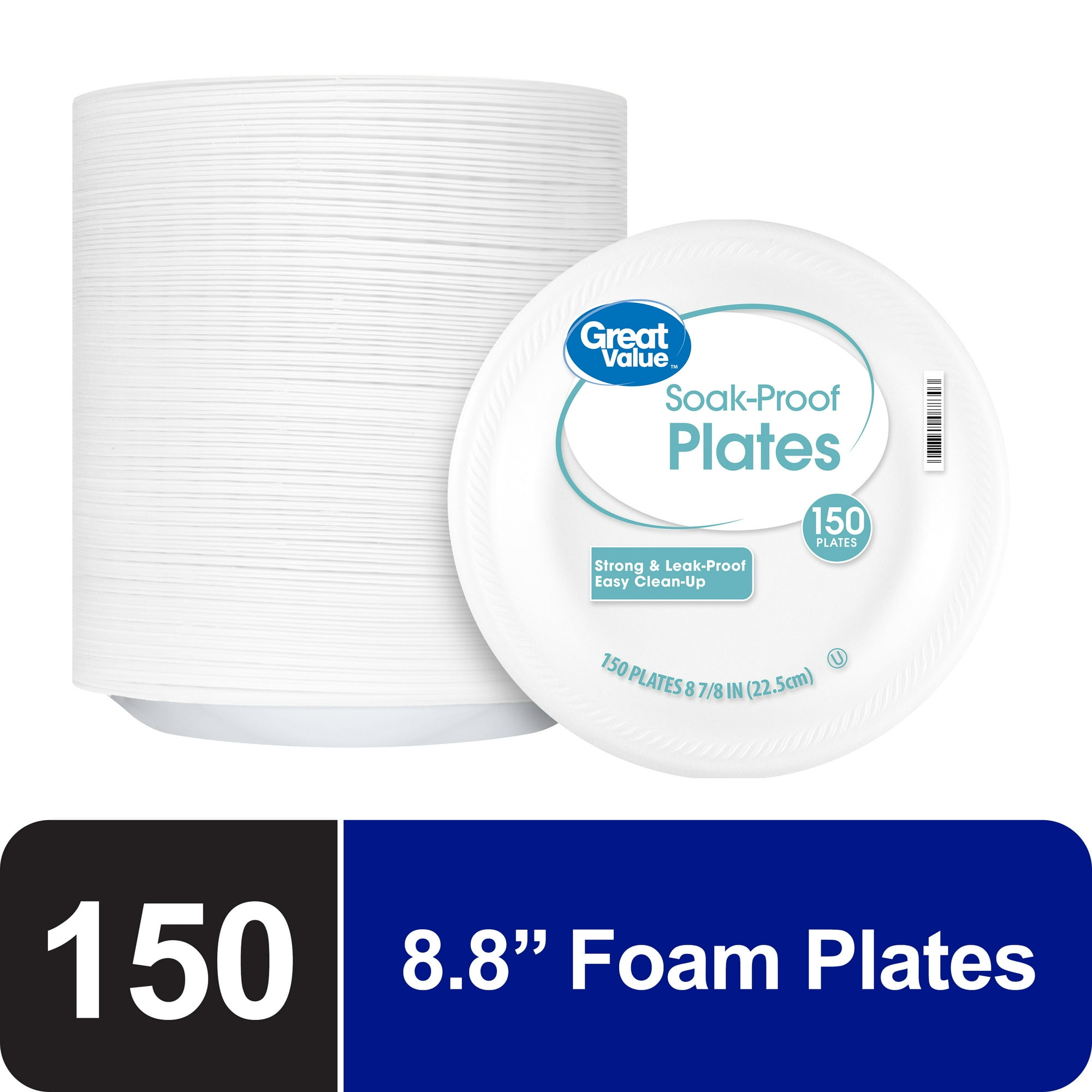 Great Value Soak-Proof Foam Plates, White, 9 in, 150 Count