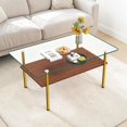 thumbnail image 3 of GZXS 38.6" Glass Top Coffee Table, 2-Tier Rectangle Cocktail Table with Shelf, Modern Center Table with Metal Legs for Living Room, Clear & Gold, 3 of 7