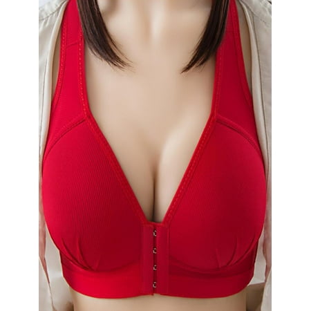 

Grianlook Women Push Up Wirefree Bralettes Solid Color Wide Shoulder Straps Bralette Work Front Buckles Red L=38/85BCD