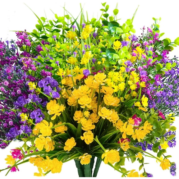 12 Bundles Artificial Flowers for Outdoors, UV Resistant No Fade Faux Plastic Shrubs Greenery Plants for Garden Patio Porch Window Box Home Indoor Farmhouse Hanging Planter Décor (Meadow Fresh)