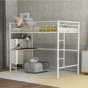 WEIKABU Twin Metal Loft Bed with Desk, Ladder and Guardrails for Bedroom, White