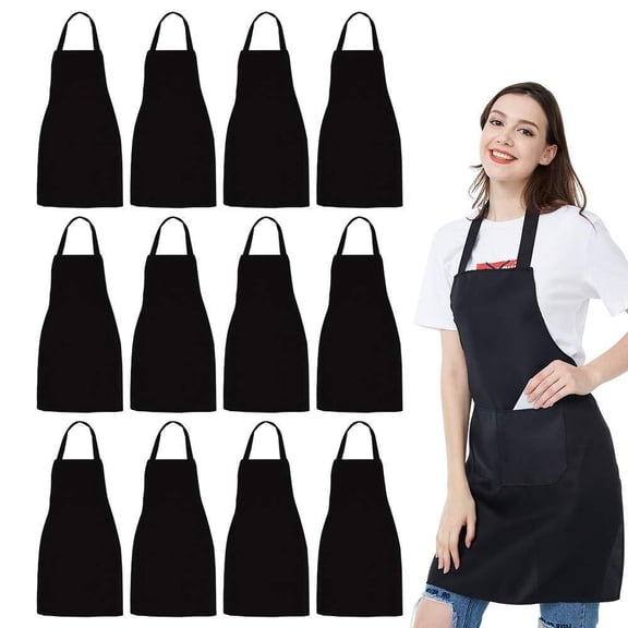 12 Pack Bib Apron - Unisex Black Apron Bulk With 2 Roomy Pockets Machine Washable For Kitchen Crafting BBQ Drawing