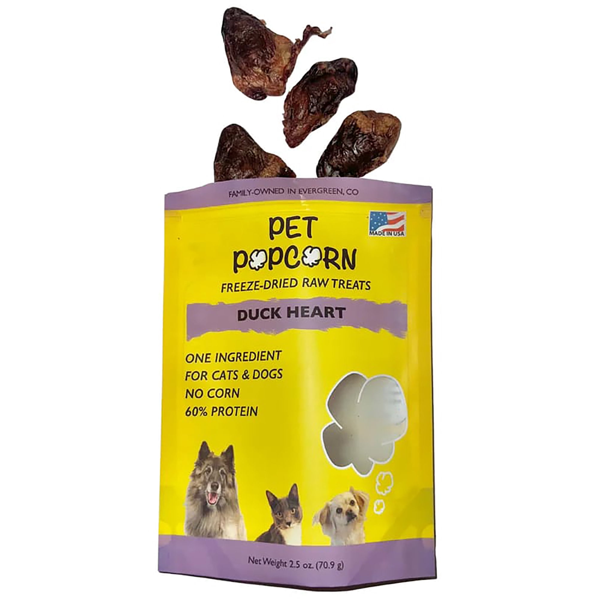Pet Popcorn: Freeze-Dried Raw Treats - Duck Heart - 2.5oz Bag, Dog & Cat Snacks, Single Ingredient, Natural, Pet Food Topper, Protein‑Packed Meat