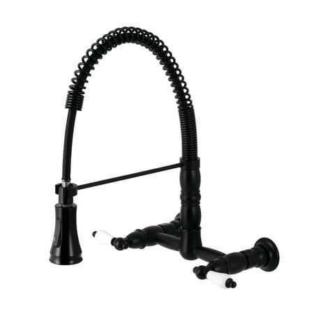 Kingston Brass GS1240PL Heritage Double-Handle 2-Hole Wall-Mount Pre-Rinse Bridge Kitchen Faucet in Matte Black