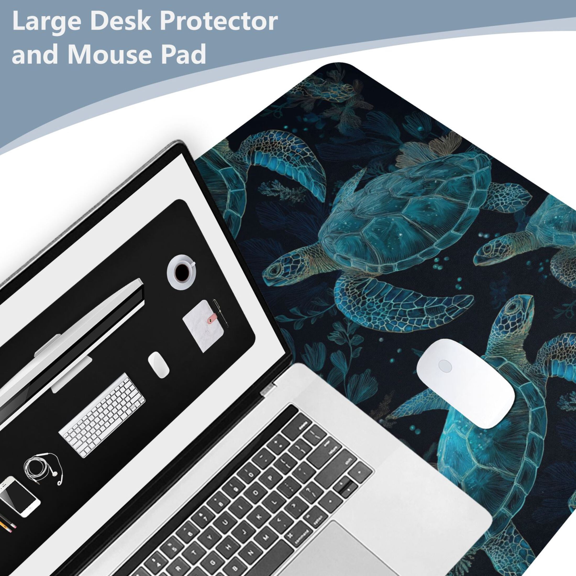 Leather Desk Pad Protector Mouse Pad Laptop Desk Mat Non-Slip Waterproof for Office and Home Green Sea Turtles Pattern