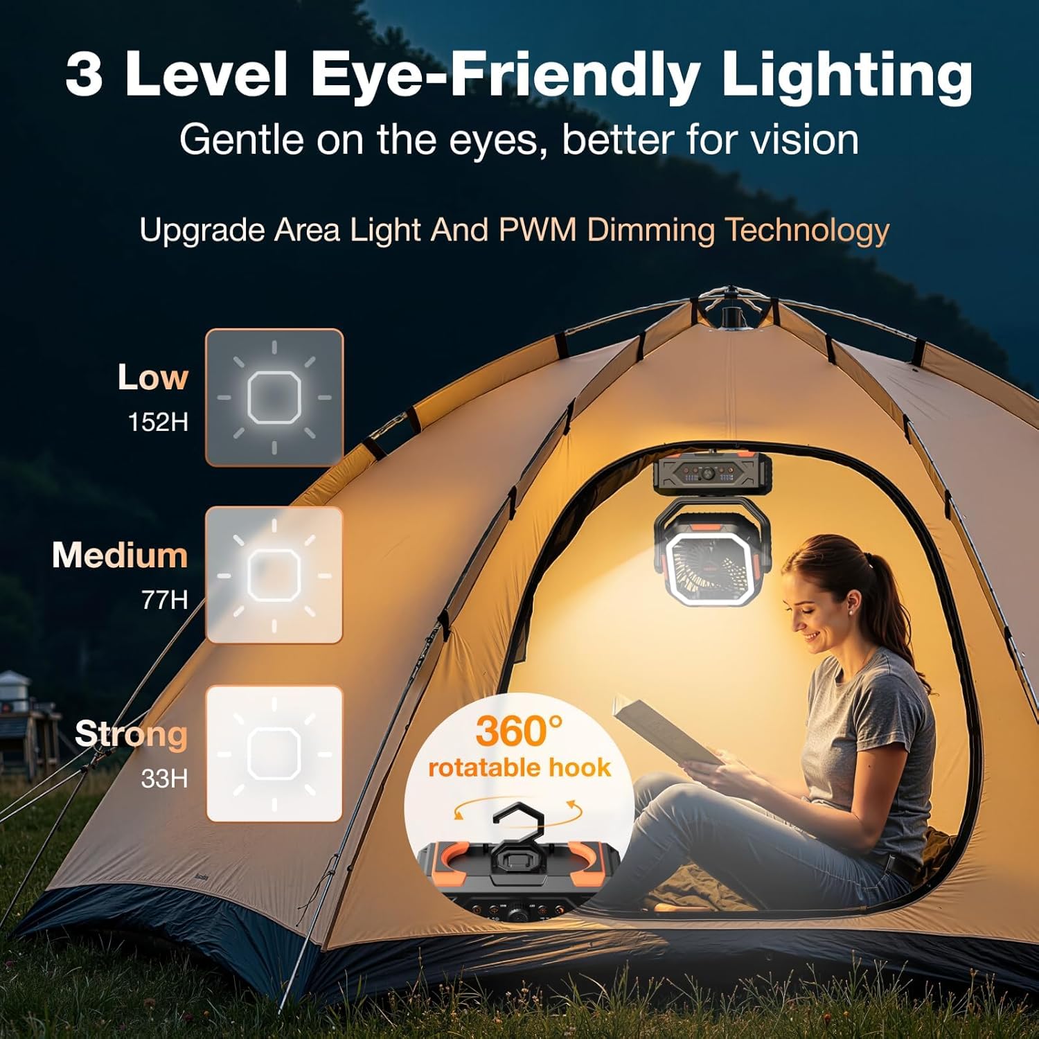 2025Camping Fan, Portable Rechargeable Fan with 20000mAh Battery Powered, Stronger Wind, Stepless Speed Regulation, Fast Charging for Tent, Travel, Car, Outdoor Camping Essentials