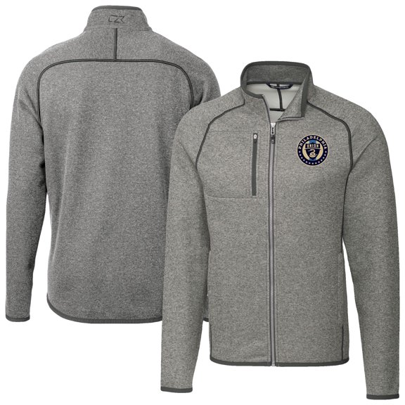 Men's-Cutter & Buck Heather Gray Philadelphia Union Big & Tall Mainsail Sweater-Knit Full-Zip Jacket