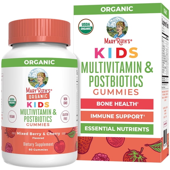 MaryRuth's Kids Multivitamin   Postbiotic Gummies Ages 4 , Bone Immune Health, Vegan, Gluten-Free, Dairy-Free, Mixed Berry & Cherry, 60 Count