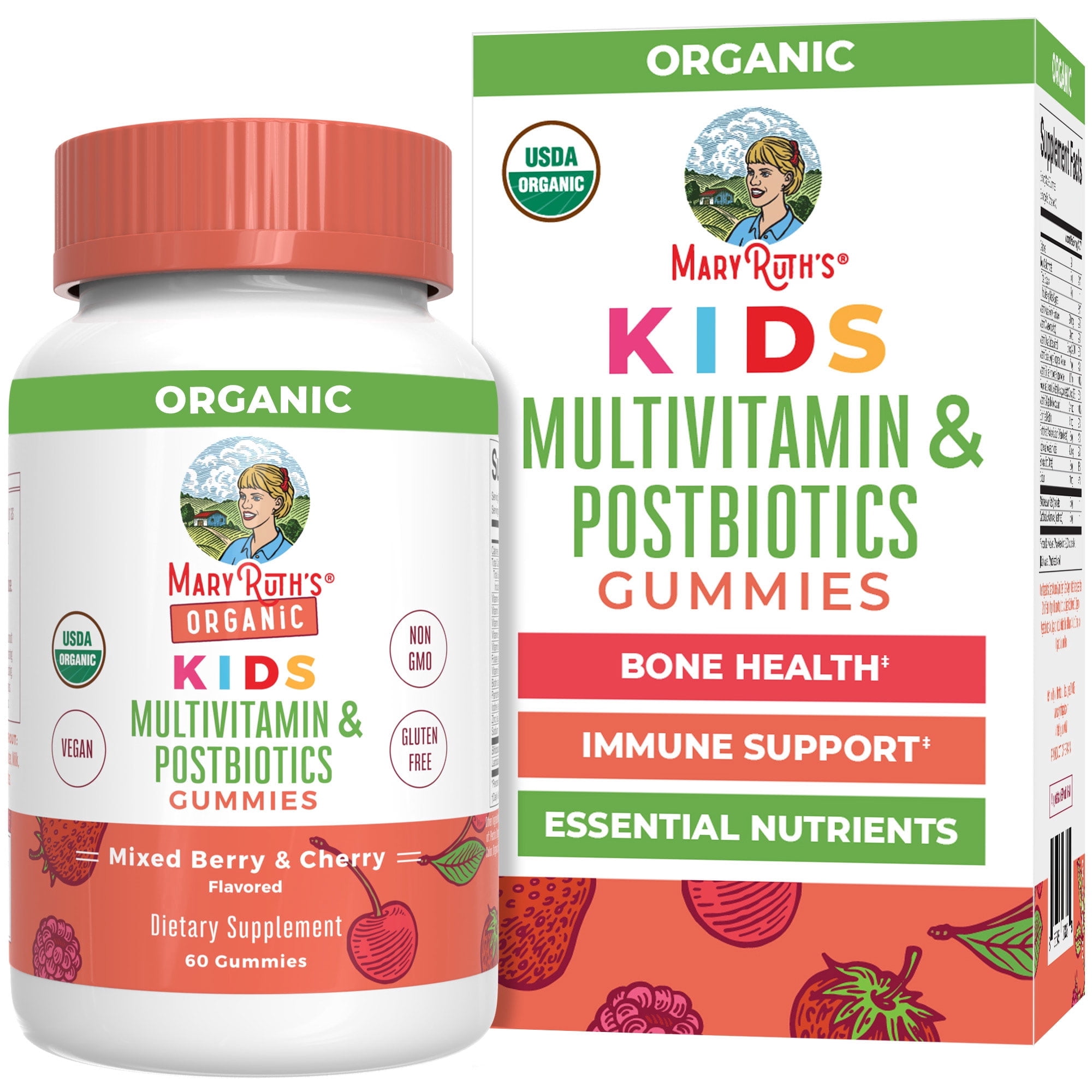 MaryRuth's Kids Multivitamin + Postbiotic Gummies Ages 4+, Bone Immune Health, Vegan, Gluten-Free, Dairy-Free, Mixed Berry & Cherry, 60 Count