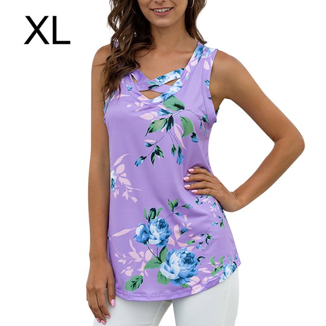Chaleco de mujer Boho sin mangas sin mangas con estampado floral camiseta con cuello en V, morado claro, XL Scienceny AP002566-14