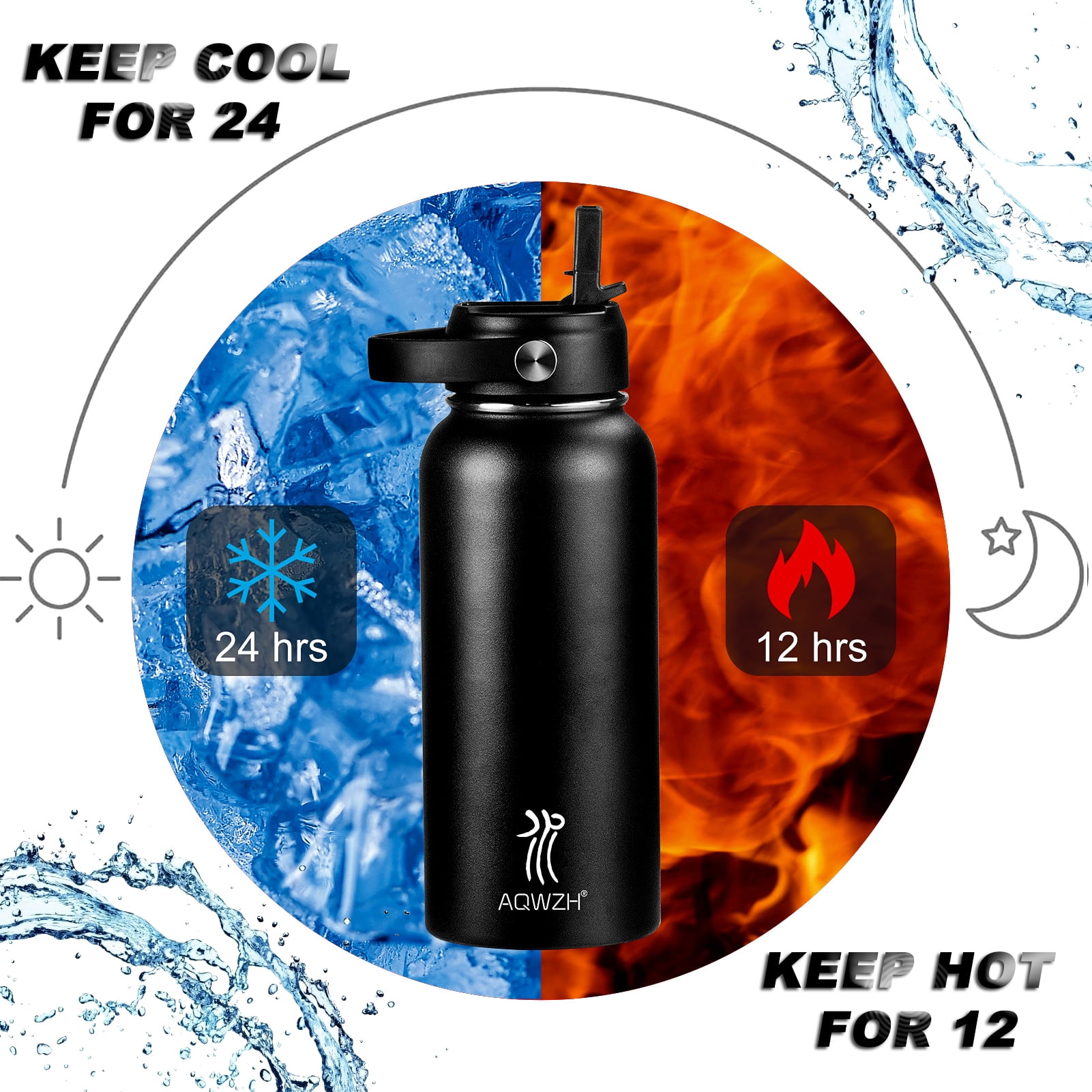 AQwzh 40 oz Black Insulated Stainless Steel Water Bottle with Straw and Wide Mouth Lid