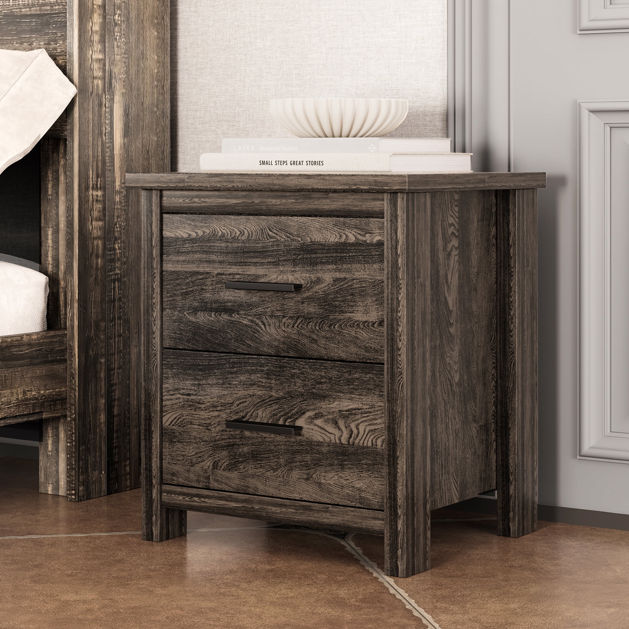 Mintazer 4 Piece Farmhouse Bedroom Set with 2 Nightstand & 5 Drawers Dresser, Queen Size Platform Bed Frame with Storage Headboard & Charging Station for Bedroom, Gray