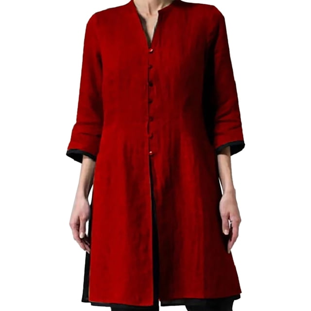 Hauts d'Été pour Femmes, 2024 Cardigans d'Entraînement Grande Taille Chic Décontracté Cardigan en Coton et Lin pour Femmes Mi-Long Mince Mince Taille Mince Manche Mince Chemise Cardigan Rouge