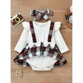thumbnail image 3 of Qmyliery Newborn Girls Long Sleeve Bodysuits, Round Neck Patchwork Dress Hem Rompers with Bow Headband, 3 of 9