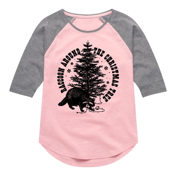 Instant Message - Raccoon Around The Christmas Tree - Youth Girls Shirt Tail Raglan T-Shirt