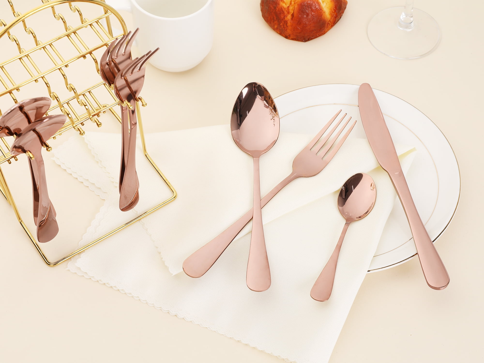 Unique Bargains 24 Pcs Stainless Steel Flatware Set with Supporting Shelf Rose Gold