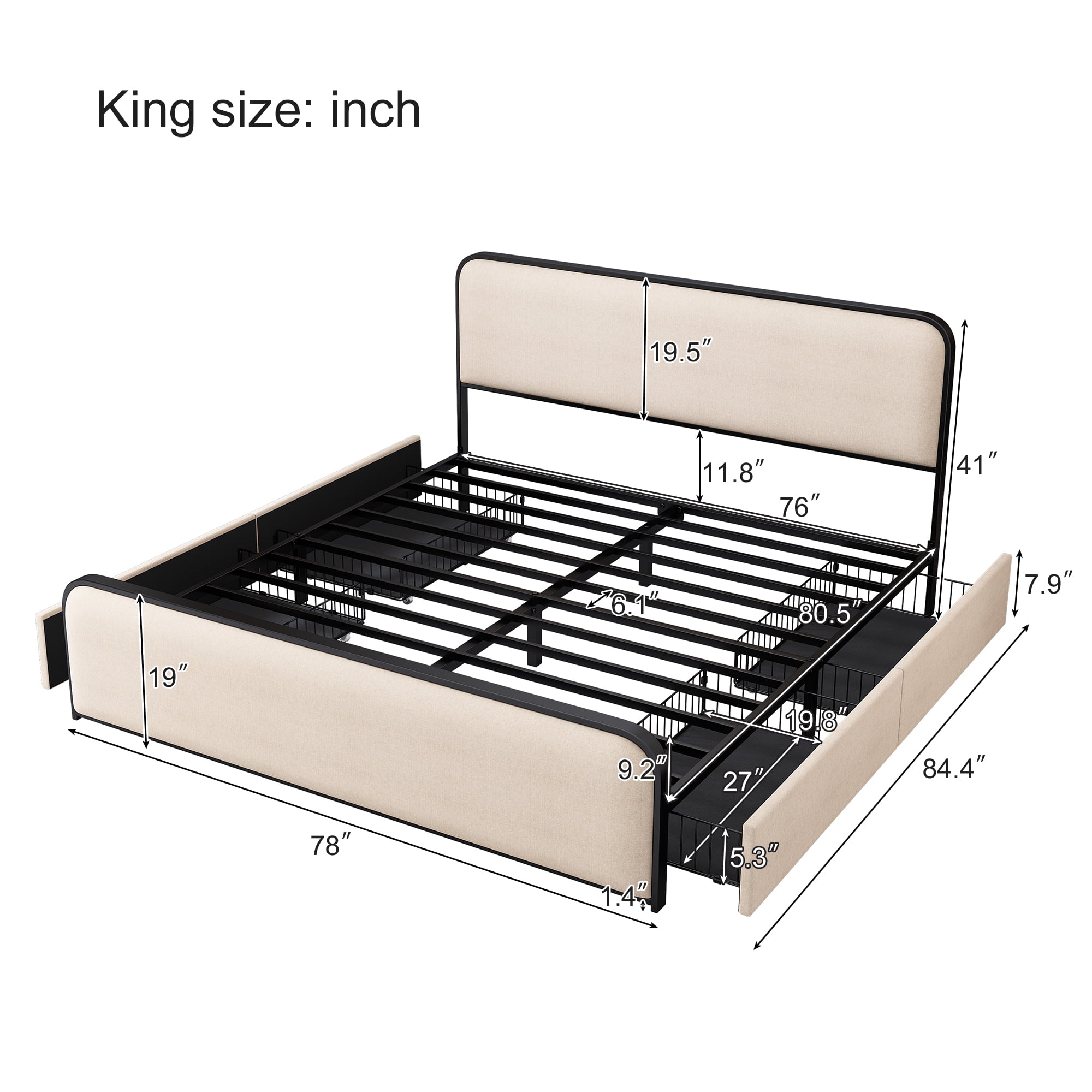 MAYEERTY King Metal Bed Frame Curved Upholstered Headboard 4 Drawers for Bedroom Beige