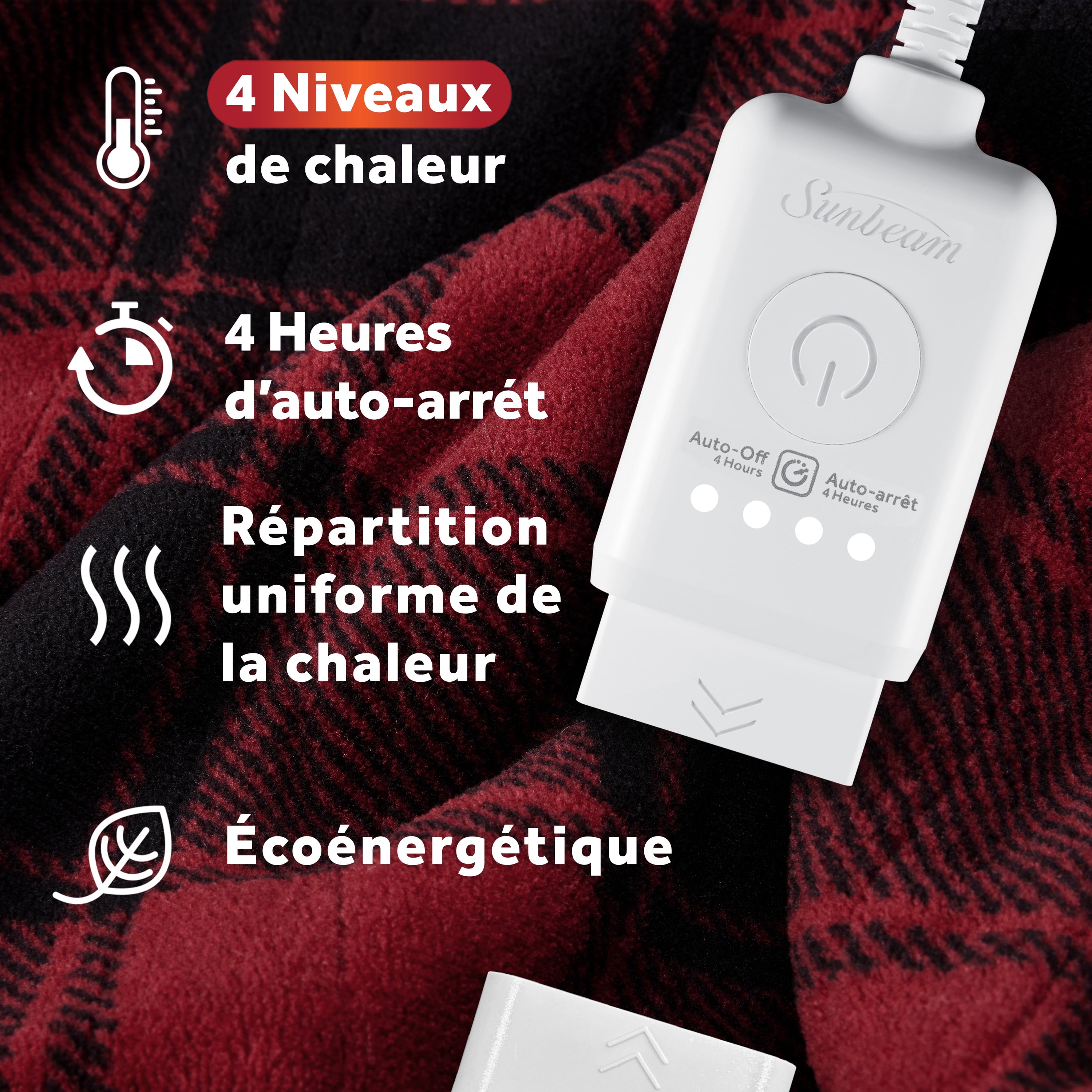 Jeté chauffant électrique motif tartan rouge Sunbeam en micropeluche et revers en sherpa, quatre réglages de chaleur, arrêt automatique, 127 cm x 152,4 cm (50 po x 60 po) SUNBEAM JETE CHAUFFANT