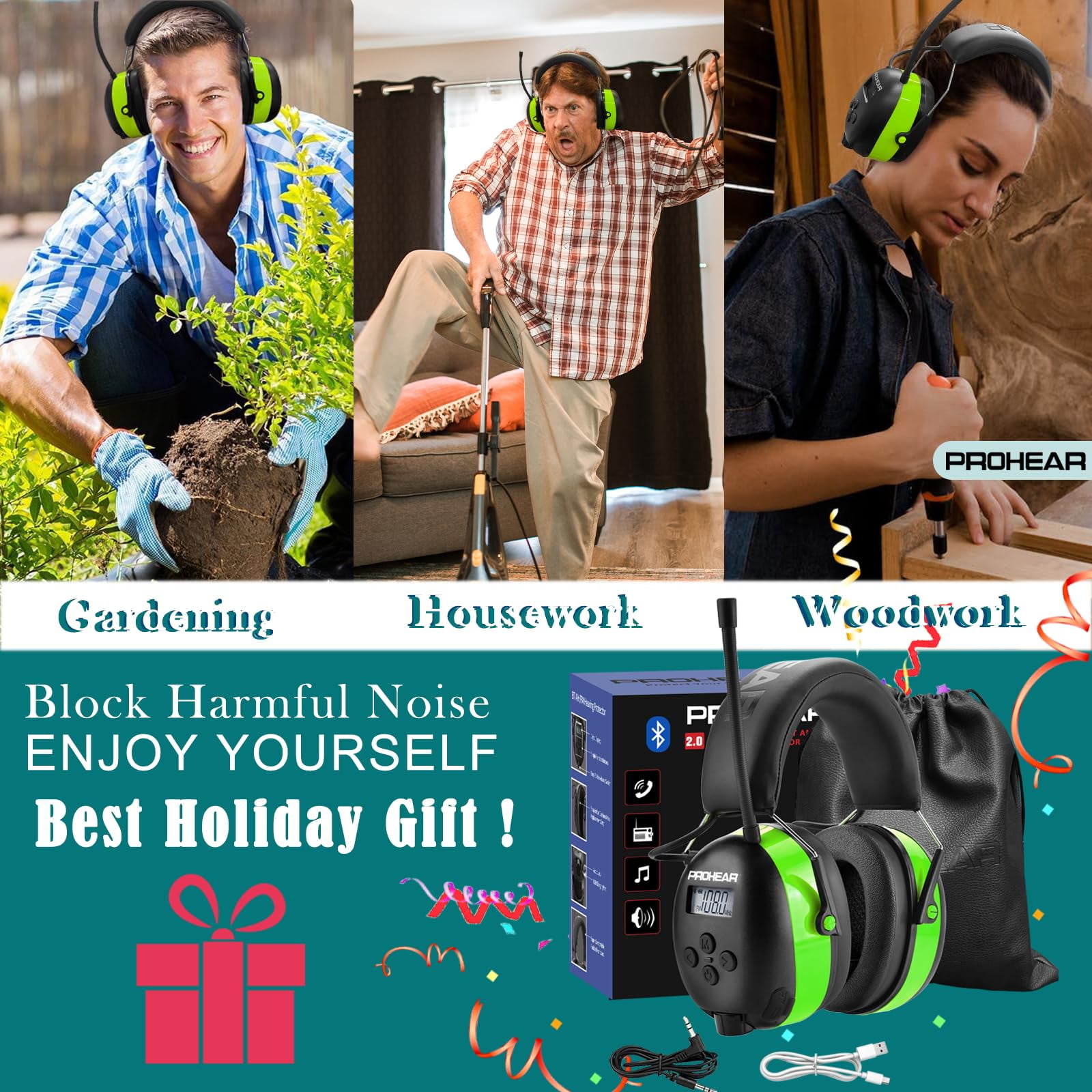 PROHEAR 033 5.4 Bluetooth Hearing Protection AM FM Radio Headphones, Noise Reduction Safety Earmuffs with Rechargeable 2000mAH Battery, 31dB SNR Ear Protector for Mowing Lawn,Gifts for Father Green
