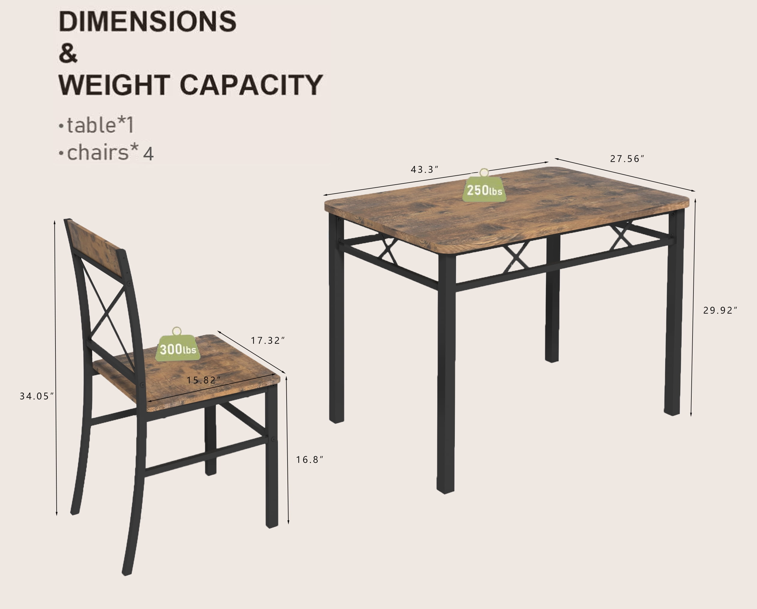 Yoneston 5-Piece Dining Table Chair Set, 43" Rectangular Kitchen Table with 4 Chairs for Breakfast Nook, Home Dining Room Pantry Canteen Café, Brown