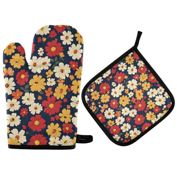 Yayeee Oven Mitts and Pot Holder Set of 2 Heat Resistant Kitchen Gloves Baking Hot Pad, Red Floral