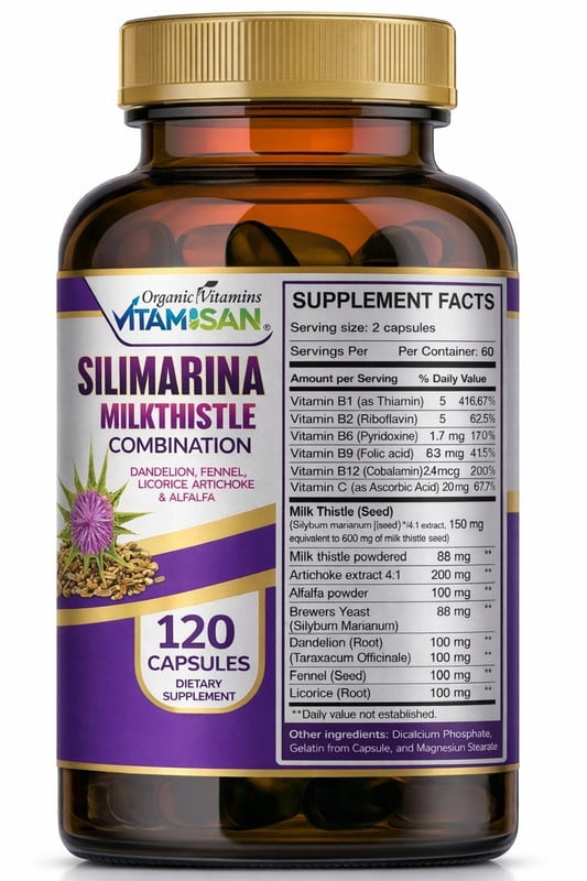 Vitamisan Silimarina Milk Thistle Combination 120 Capsules – Liver Support Supplement with Milk Thistle Extract, Dandelion, Artichoke, Alfalfa & Fennel Seed