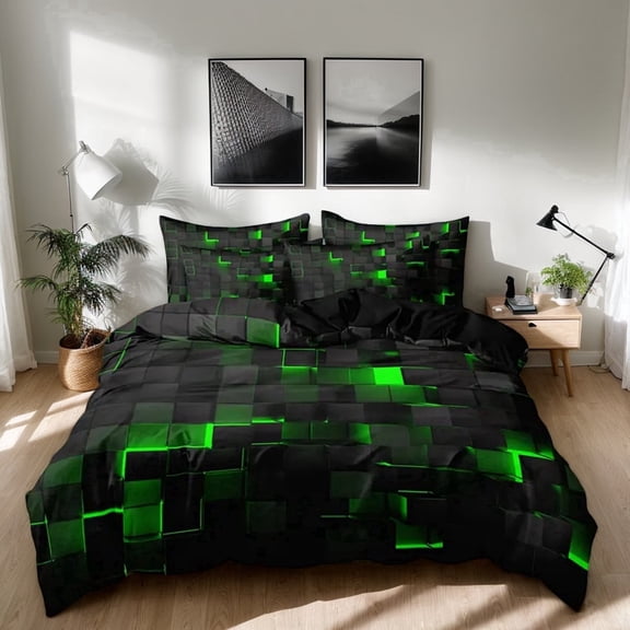 Orylavena Green Black 3D Block Microfiber Duvet Cover Set, Black Back, Twin/Full/Queen/King