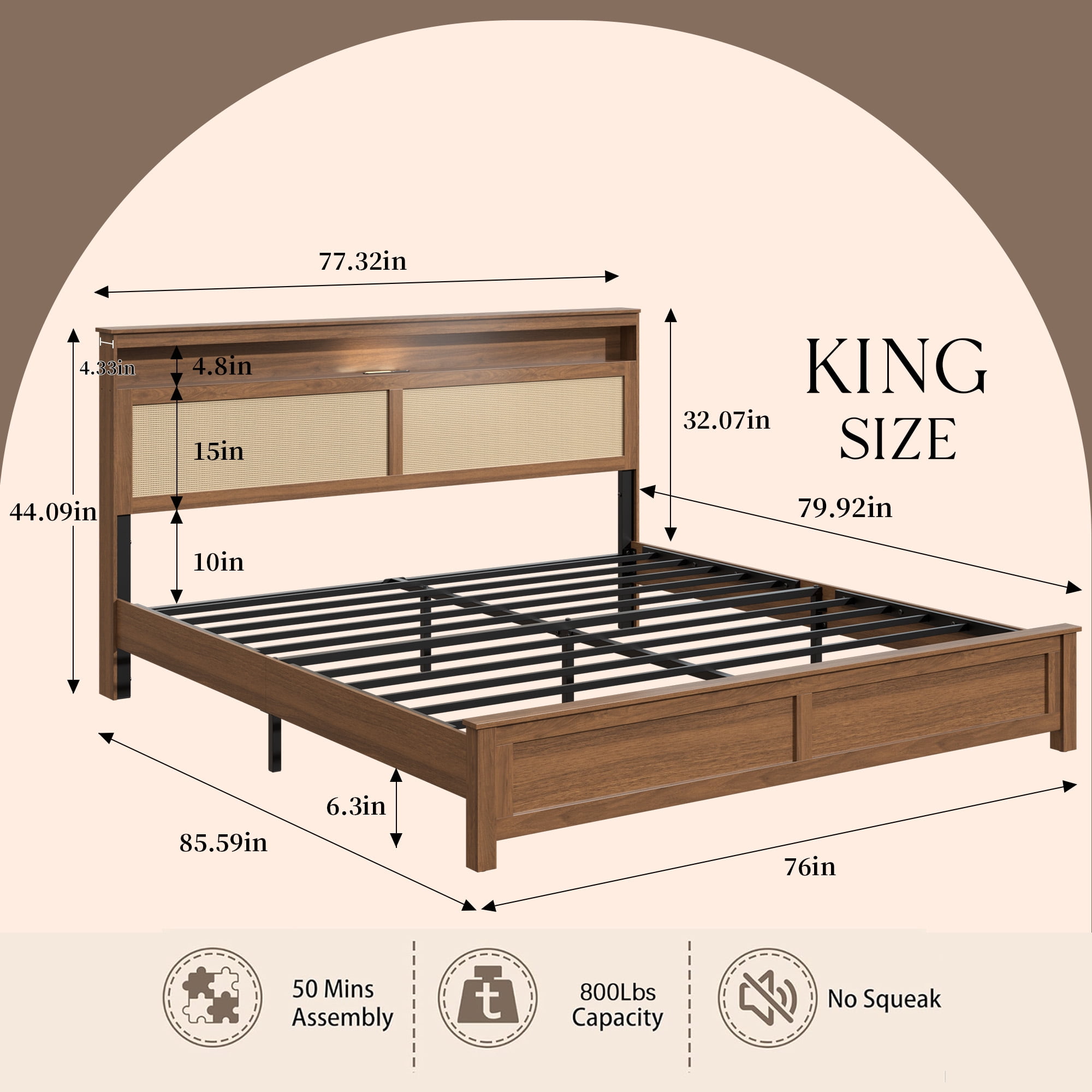 King Bed Frame 86.02 Inch, Rattan Headboard with Built In LED Reading Light and Storage Shelf, Modern Farmhouse Platform Bed, No Box Spring Needed, Brown