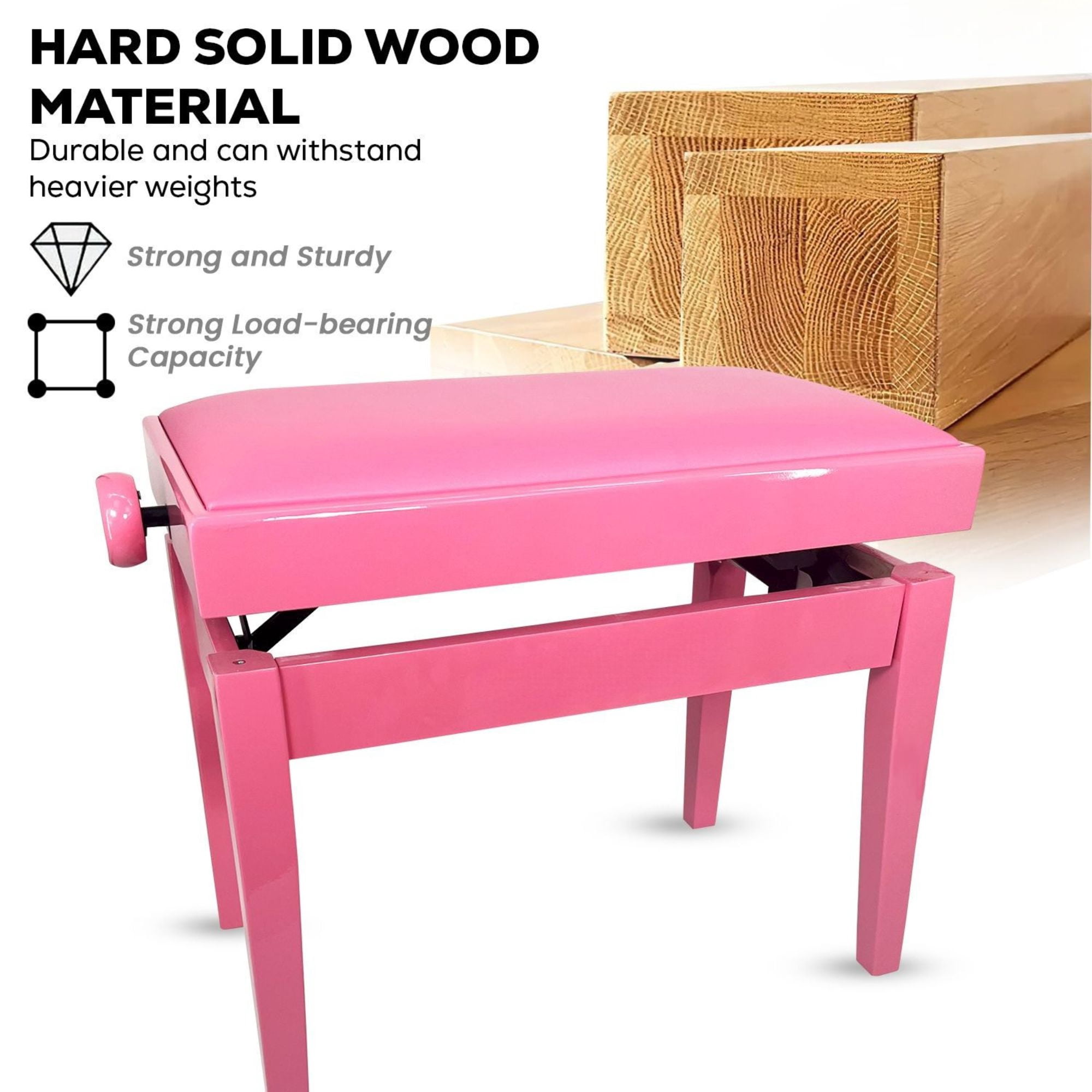 Adjustable Piano Bench - Padded Solid Wood Keyboard Stool (18"-22") - Pink