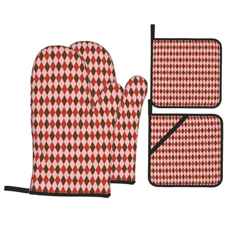 

Oven Mitts and Pot Holders Sets 4 pcs Red and Brown Squares Non-Slip Oven Gloves Potholders Soft Quilted Lining Heat Resistant Gloves Hot Pads for Kitchen Cooking Baking