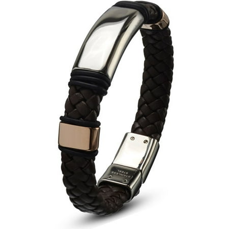 Steel Art Men's Stainless Steel Brown Leather Braided Bracelet With Steel Buckle Closure, 8-1/2