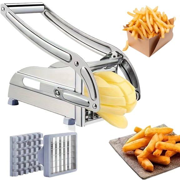 French Fry Cutter with 2 Blades, Stainless Steel Potato Cutter and Vegetable Slicer with Suction Base, Manual French Fries Cutter for Potatoes and Vegetables