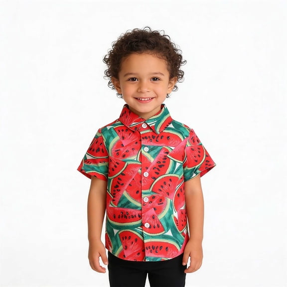 YMNXA Kids Boys Shirts Short Sleeve Lapel Watermelon Print Buttons Stylish Comfortable Breathable Blouse Top For Casual Daily Wear,Red,2-3 Years