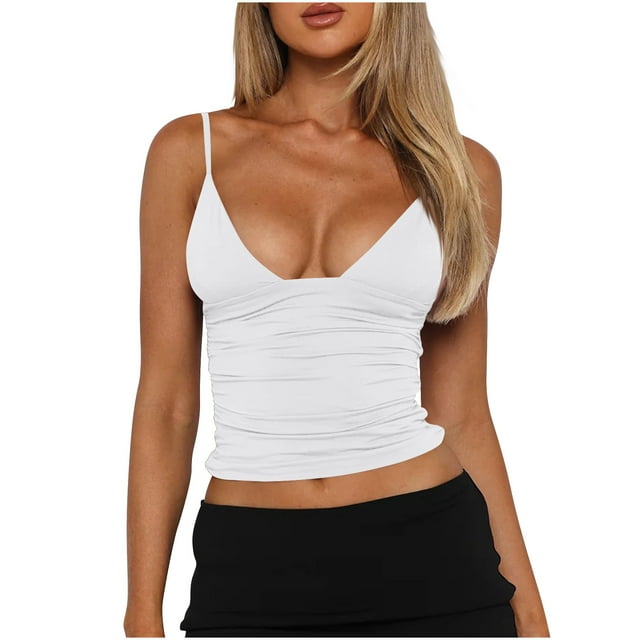 BVOFAR Women's Deep V Neck Cami Tank Tops Ruched Going Out Y2K Camisole Spaghetti Strap Slim Fit Crop Tops 2025