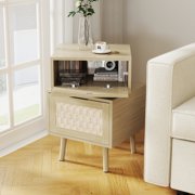 Bonzy Home Nightstand, Rotating Bedside Table with Woven Doors, Rattan Bedside Table with Storage for Bedroom, Living Room