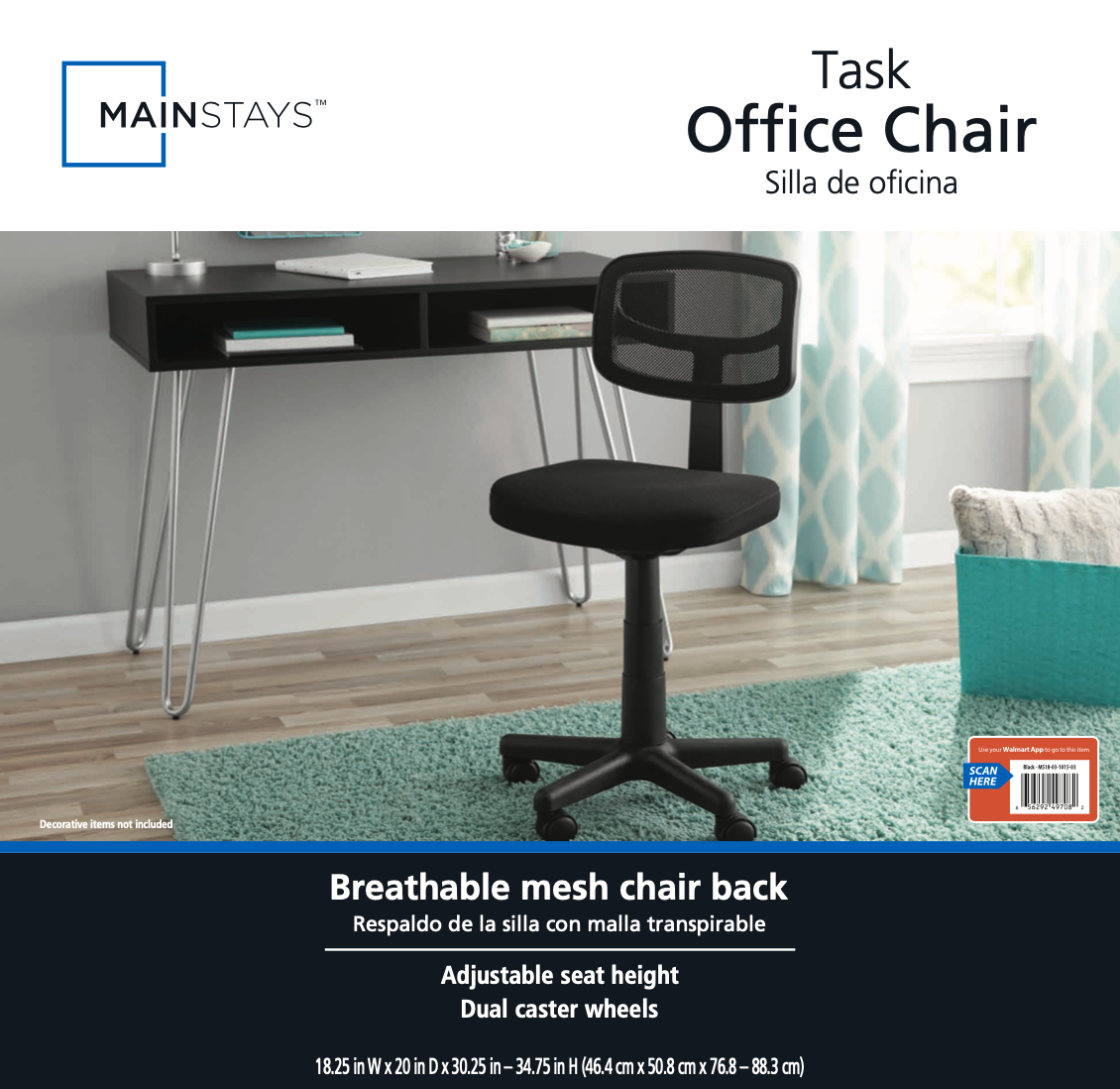 MAINSTAYS MESH TASK CHAIR WITH PLUSH PADDED SEAT, TEENS AND ADULT, BLACK/BLACK