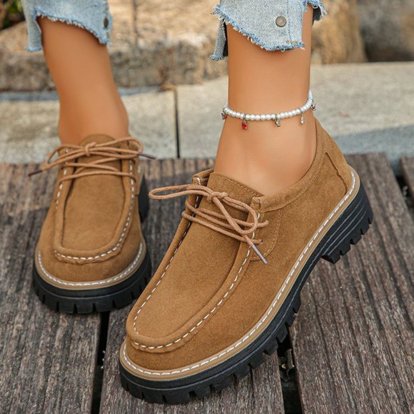 AUNVITO Mocassins Décontractés pour Femmes Vintage en Suède avec Semelle Intérieure Coussinée, à Lacets Réglables, Chaussures Plates Brun/beige