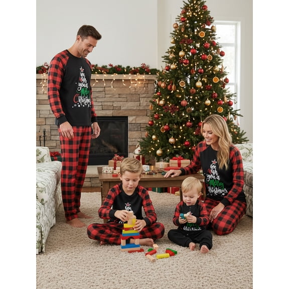 Christmas Family Pajamas Matching Set Letter Print Long Sleeve Tops and Plaid Pants Sleepwear