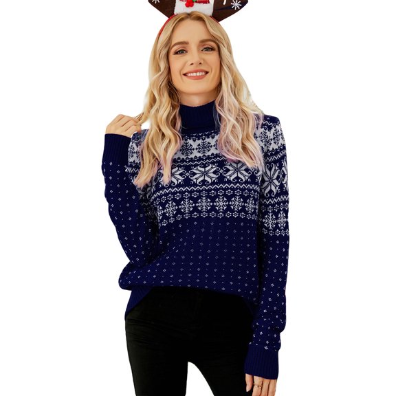2022 Women's High-neck Christmas Sweater Snowflake Print Long Sleeve Knitted Tops Xmas Fashion Fall Winter Pullover