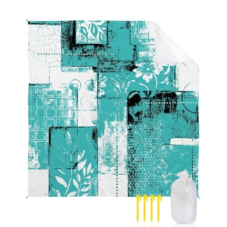 Beach Blanket Waterproof Sandproof Turquoise Floral Leaves Beach Blankets with Stakes Quick Dry Sand Free Outdoor Picnic Mats Boho Graffiti Plaid Collage Large Beach Mat for Sand Camping 108 x84