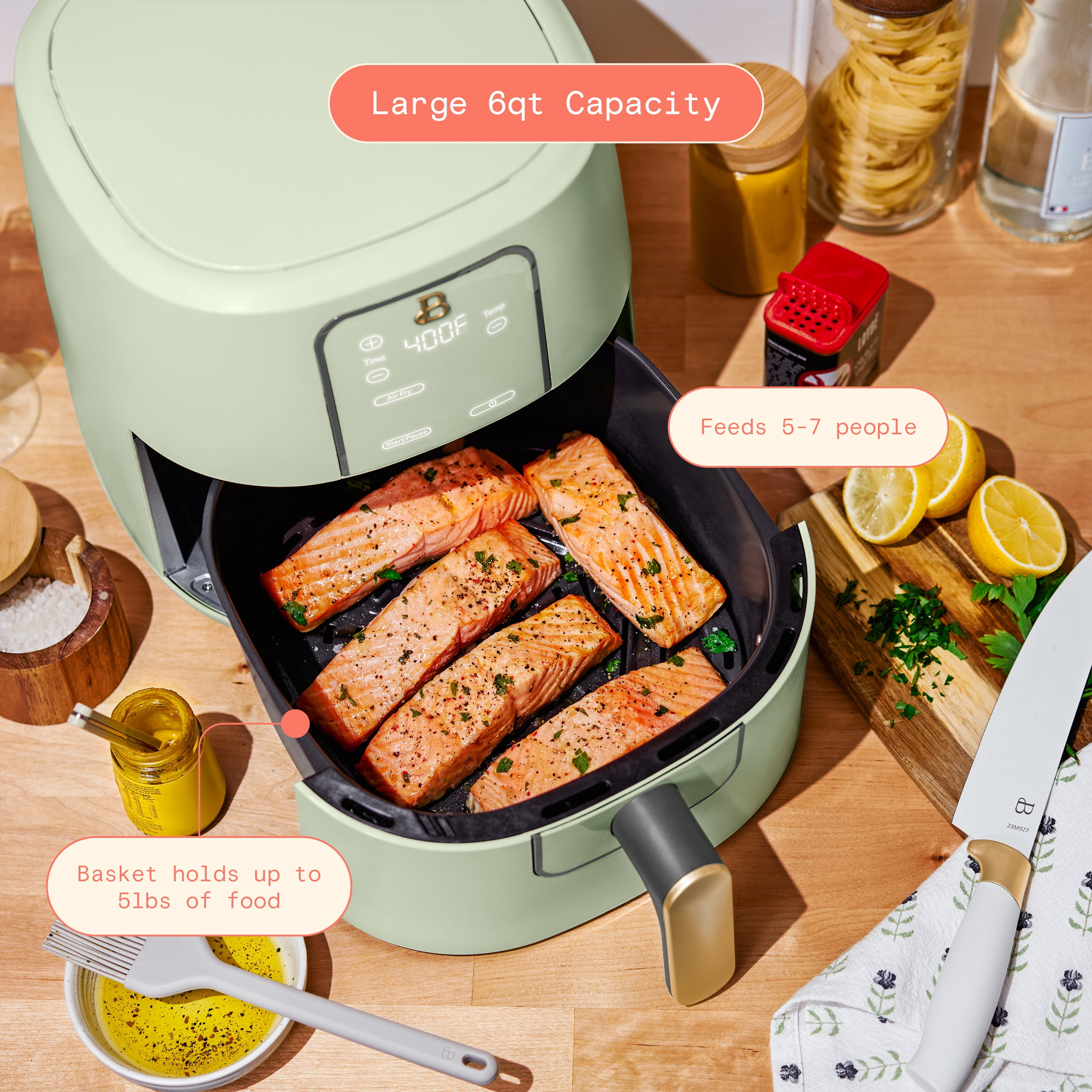 Beautiful 6 Qt Air Fryer with TurboCrisp Technology, EverGood Non-Toxic Ceramic Nonstick Coating, Sage Green by Drew Barrymore