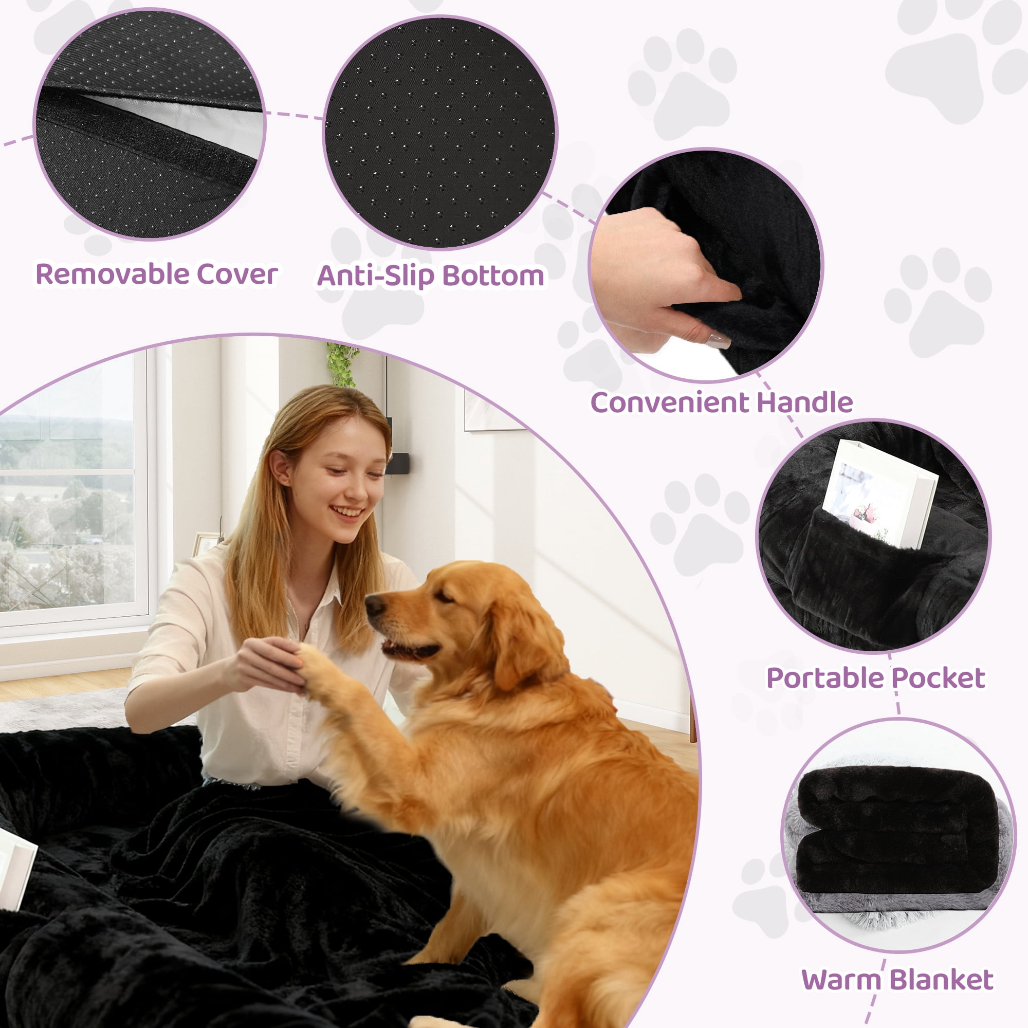 Skandiquip Human Dog Bed for Pets and Adults, 71"x43"x10" Orthopedic Memory Foam Lounger, Washable Faux Fur Cover with Blanket, Non-Slip Elastic Base, Black