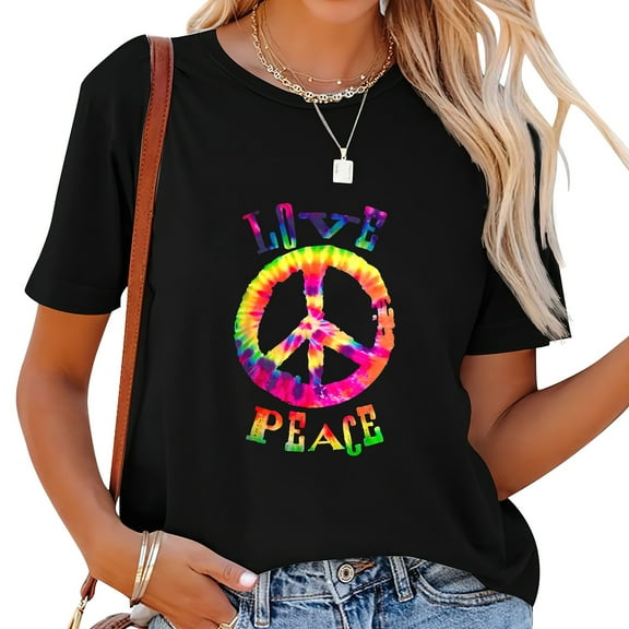 Womens PEACE SIGN tee LOVE TShirt 60s 70s Tie Die Hippie Costume T-Shirt Black