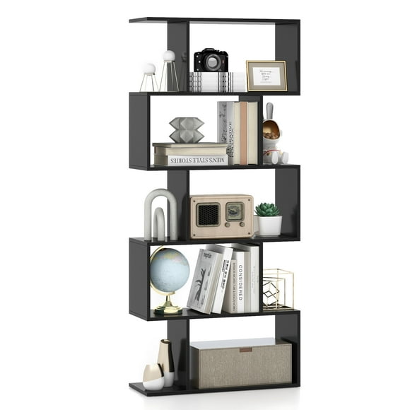 Patiojoy 5-Tier Geometric Bookshelf Wooden Decorative Display Shelf w/Large Capacity Freestanding S-shaped Bookcase Black